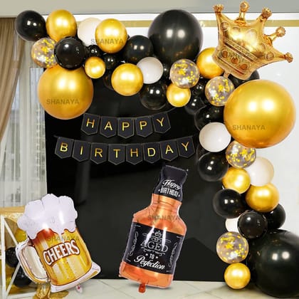 SHANAYA Black Gold Happy Birthday Party Decorations Set Confetti Balloons With Banner Crown Balloons Champagne Mug Foil Balloon Chrome Gold Black Balloons For Men Women Birthday Party Supplies 46Pcs