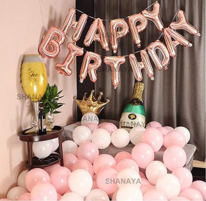 SHANAYA Rose Gold Pink Birthday Decoration Items For Girls Wife Combo Kit -56Pcs Set Happy Birthday Foil Balloons, Crown Bottle Glass Foil Metallic Pink White Baloons Party Supplies SHANAYA Rose Gold Pink Birthday Decoration Items For Girls Wife Combo Kit -56Pcs Set Happy Birthday Foil Balloons, Crown Bottle Glass Foil Metallic Pink White Baloons Party Supplies