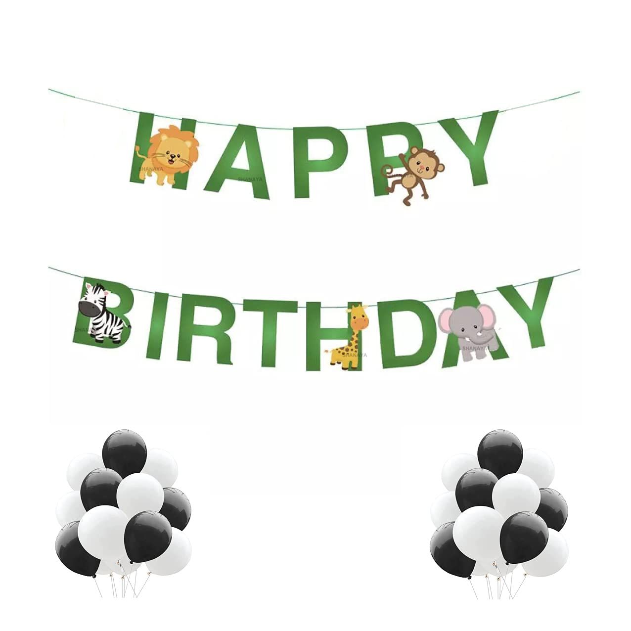 SHANAYA Happy Birthday Decoration Kit - 51Pcs Set For Boys Girls Decoration Items Combo - Jungle Adventure Theme Happy Birthday Bunting Banner Flag With Metallic Red Bue Balloons Ribbon Party Supplies