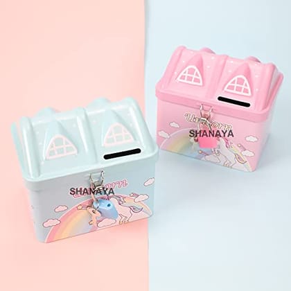 SHANAYA House Unicorn Metal Piggy Bank Coin Bank for Kids Girls Boys with Lock and Keys - Pack of 1