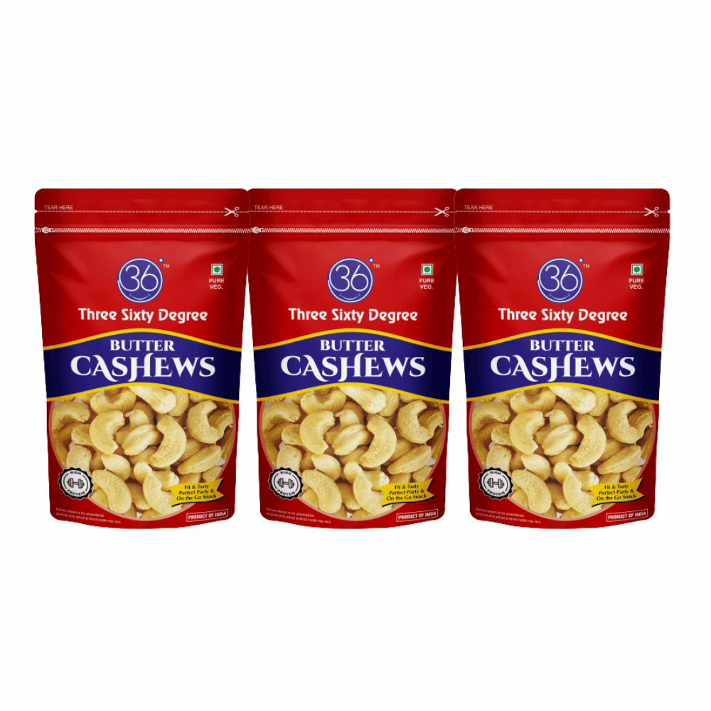 360 Three Sixty Degree Roasted Butter Cashews Zipper 60 Grams X 3 (180 Grams) I Buttery Crunchy Cashew | Salty Kaju | Kaju Dry Fruit I Zero Oil Added I Oven Roasted I Tasty & Nutritious