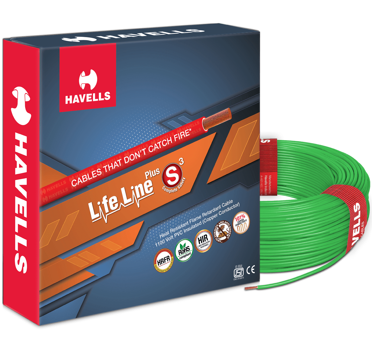 HAVELLS LIFE LINE PLUS S3 HRFR CABLES .75MM 90MTR LENGTH COPPER WIRE (100% ORIGINAL)