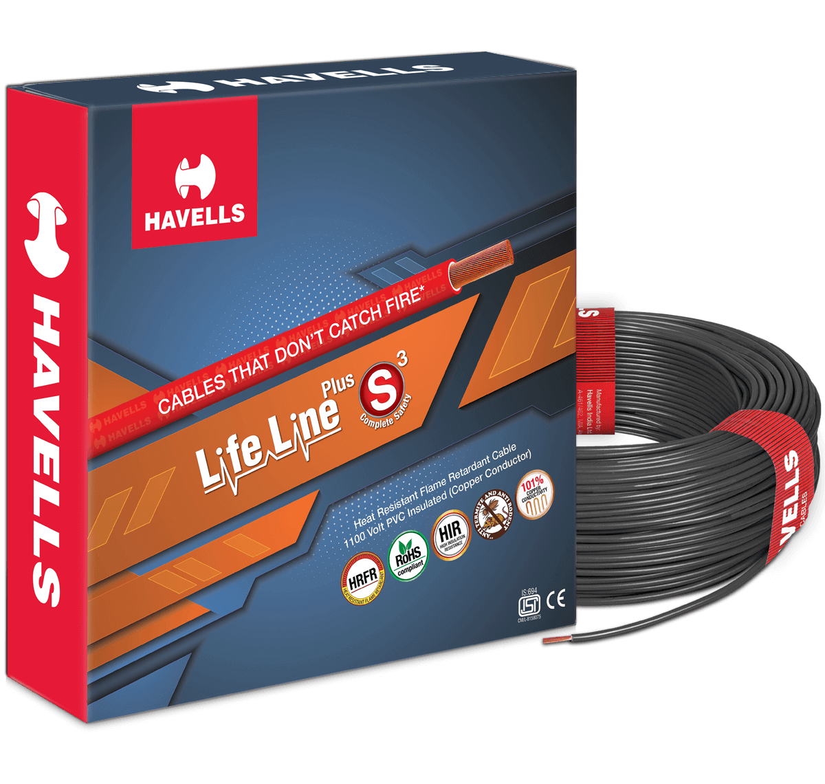 HAVELLS LIFE LINE PLUS S3 HRFR CABLES 1.5MM 90MTR LENGTH COPPER WIRE (100% ORIGINAL)