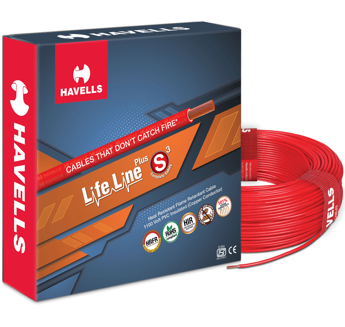 HAVELLS LIFE LINE PLUS S3 HRFR CABLES 4.0MM 90MTR LENGTH COPPER WIRE (100% ORIGINAL)