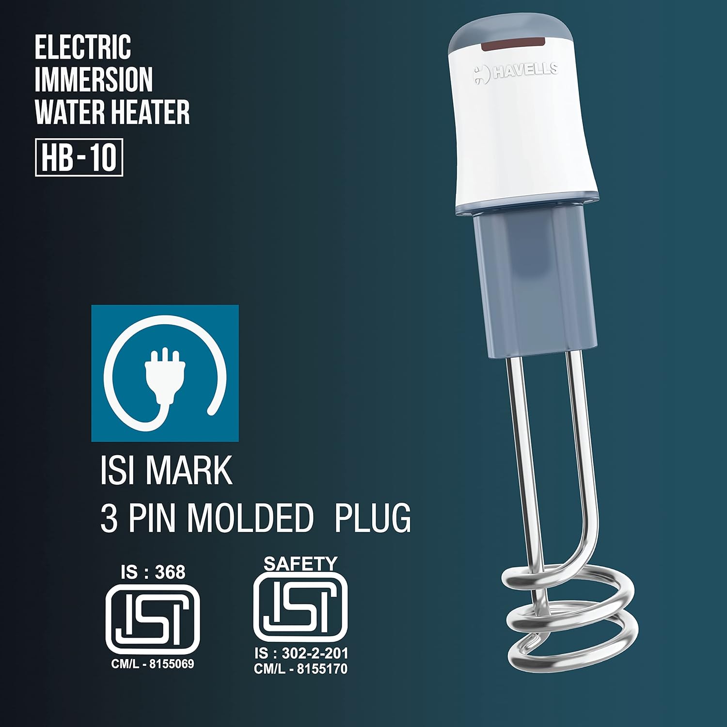 Havells Water Proof Immersion Water Heater HB 10 1000 Watt (White Blue)