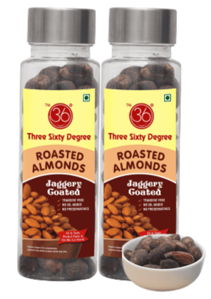 360 Three Sixty Degree Roasted Jaggery Coated Almonds Badam, 220grams (2 x 110Grams Each)