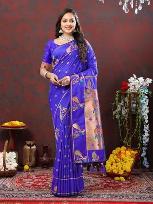 Blue Soft Paithani Silk Woven Design Copper Zari Meenakari Weaving Saree