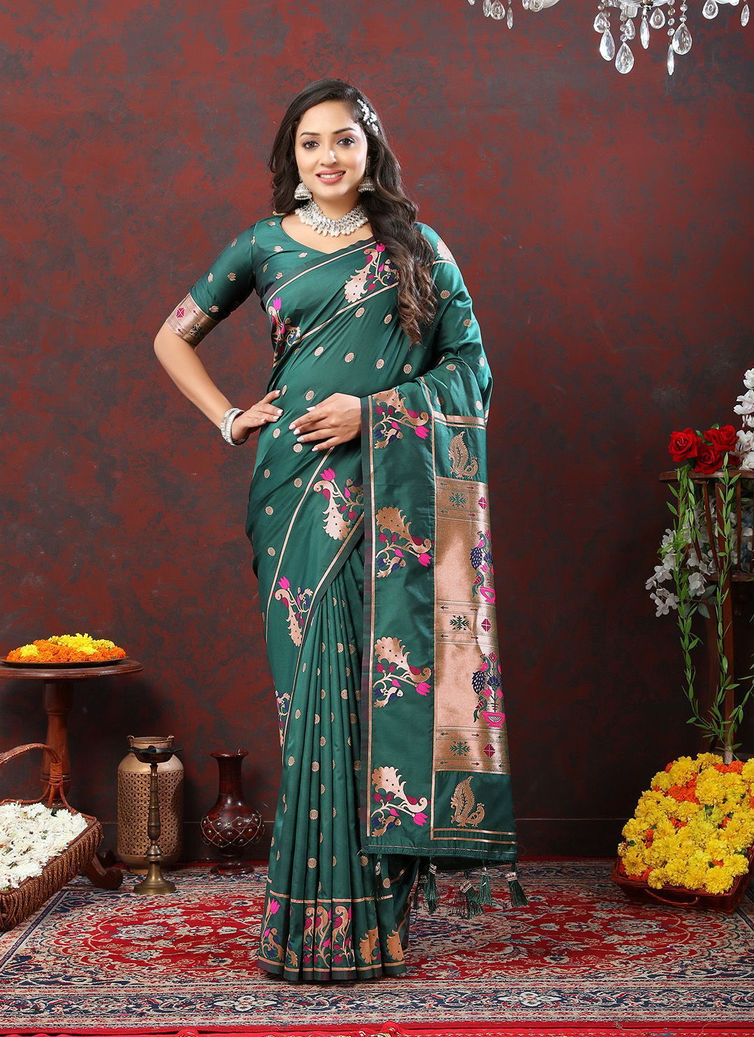 Green Soft Paithani Silk Woven Design Copper Zari Meenakari Weaving Saree