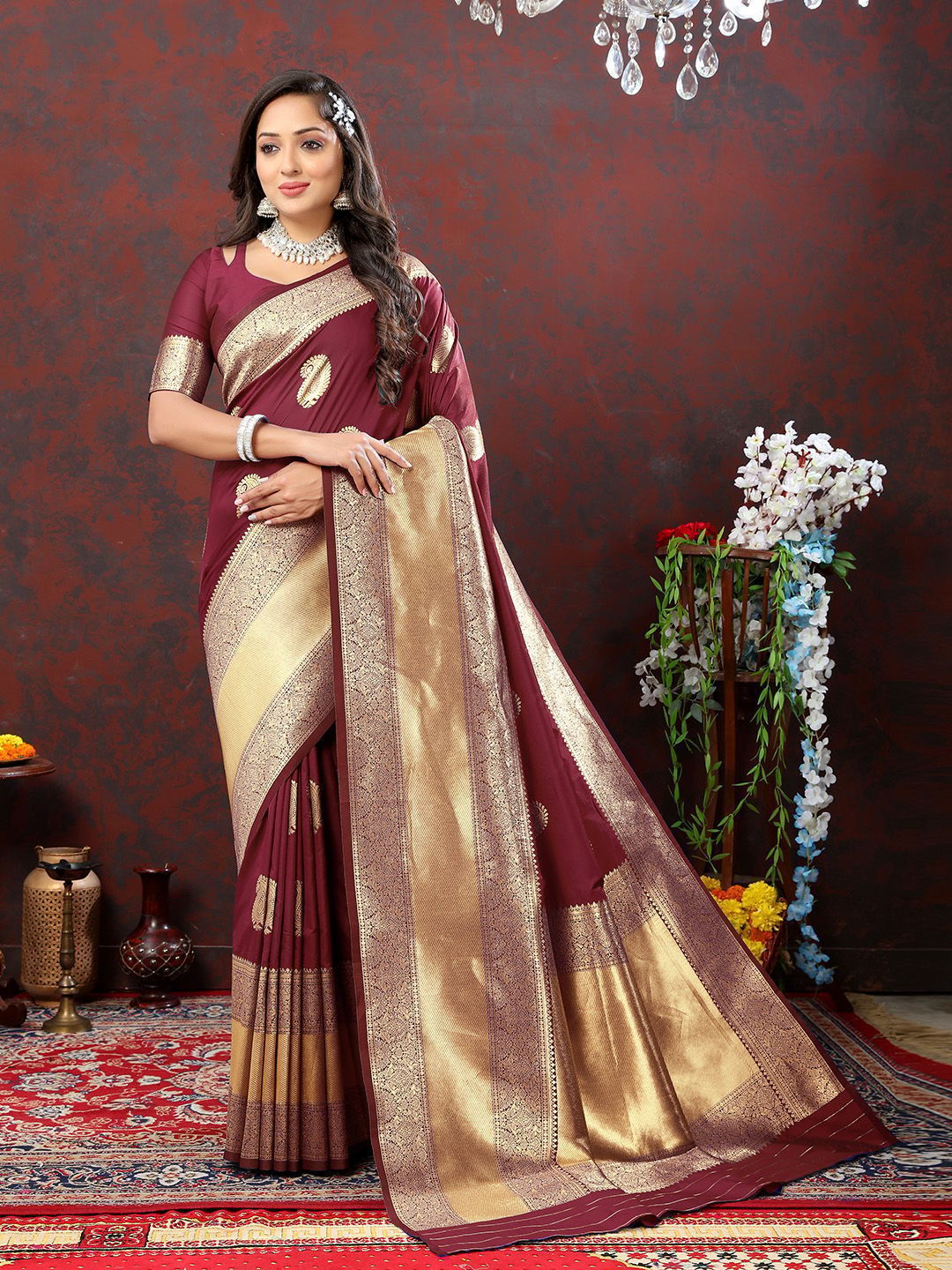 Maroon Soft Silk Woven Design Gold Zari Weaving Saree