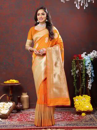 Orange Soft Silk Woven Design Gold Zari Weaving Saree