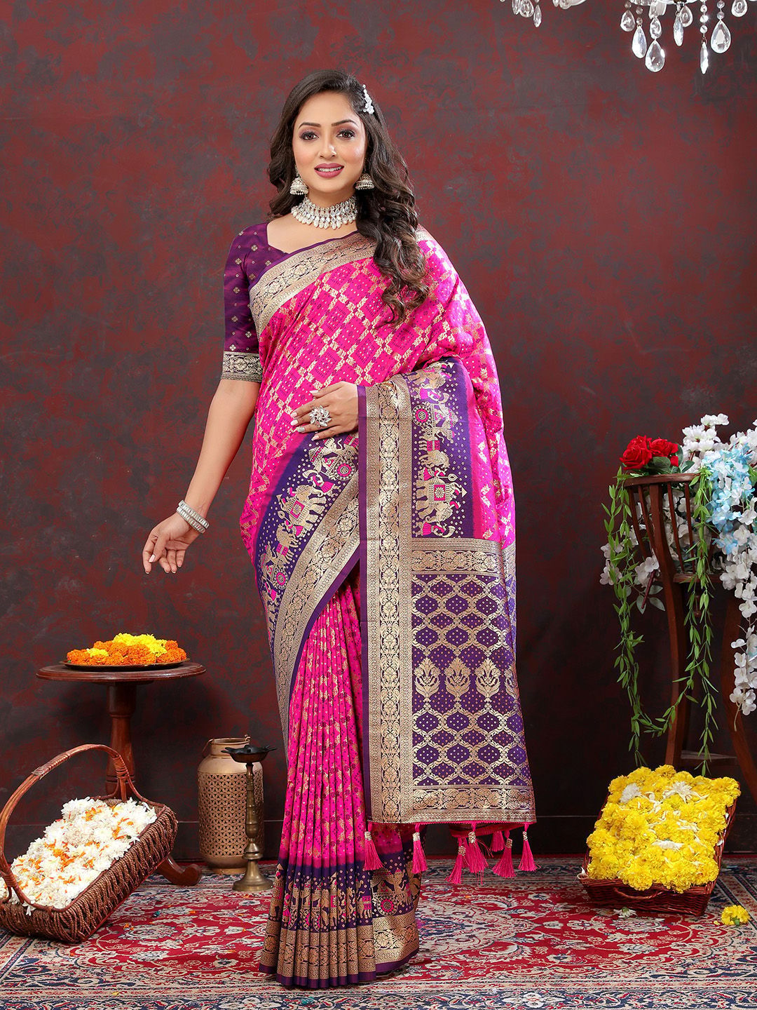 Magenta & Wine Patola Silk Woven Design Meenakari Weaving Saree