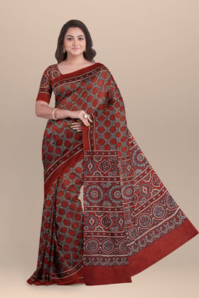 Pastel Red Ajrakh Hand Block Print Cotton Saree with Floral Motif SKU-BS10152