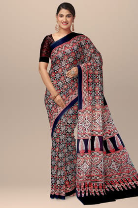 Black Ajrakh Hand Block Printed Modal Silk Saree with Floral and Geometrical Print   SKU-BS10146