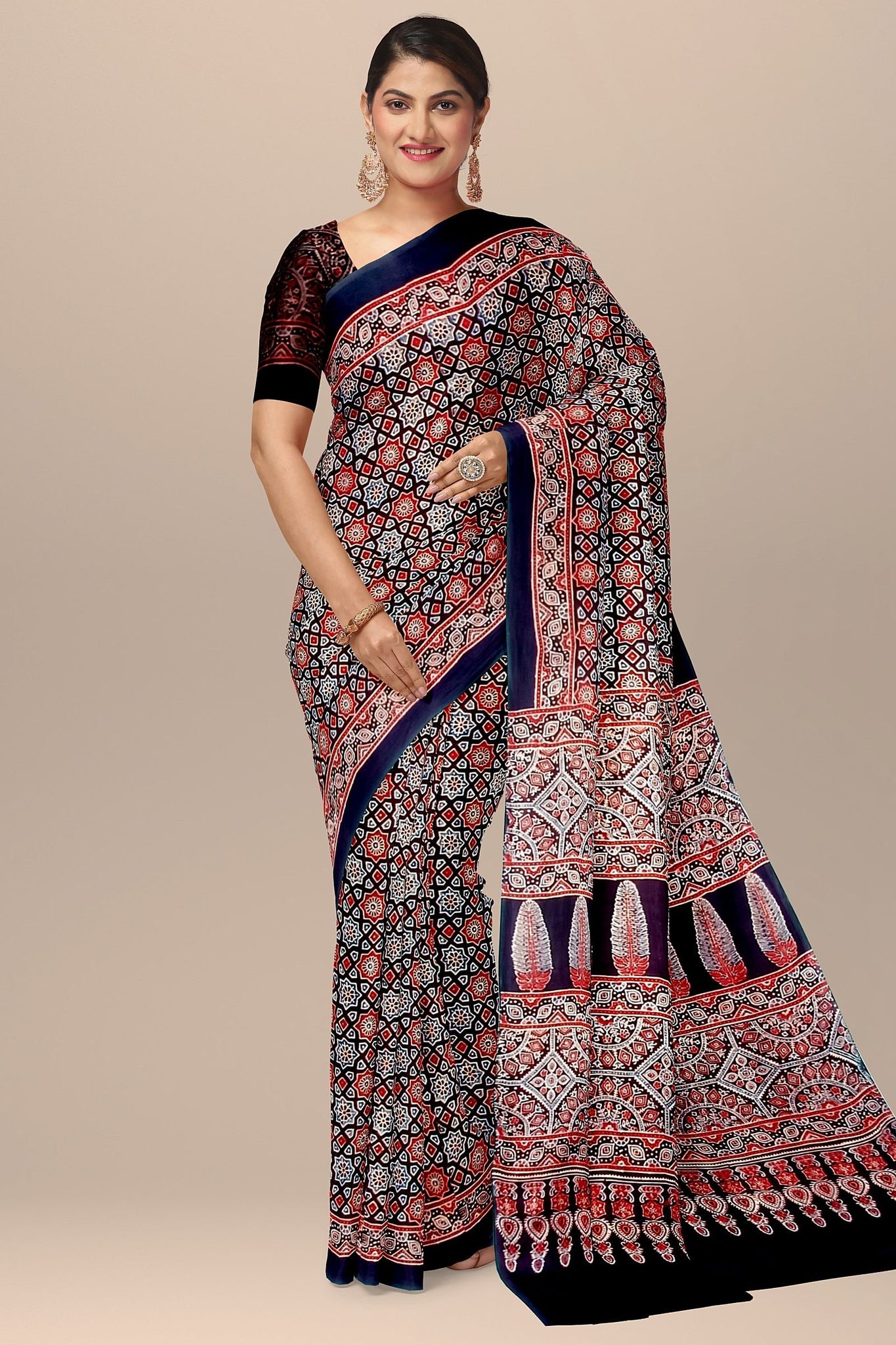 Black Ajrakh Hand Block Printed Modal Silk Saree with Floral and Geometrical Print   SKU-BS10146