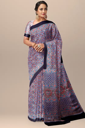 Black Ajrakh Hand Block Printed Modal Silk Saree with Floral and Geometrical Print   SKU-BS10147