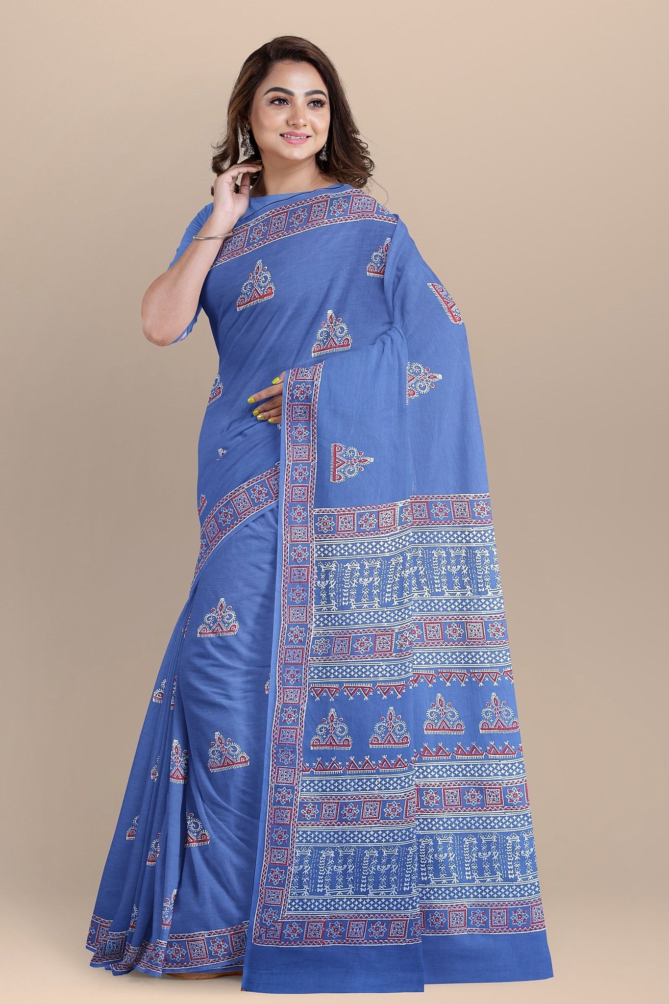 Yale Blue Tribal Motif Chhipa Hand Block Print Malmal Cotton Saree SKU-AS10065