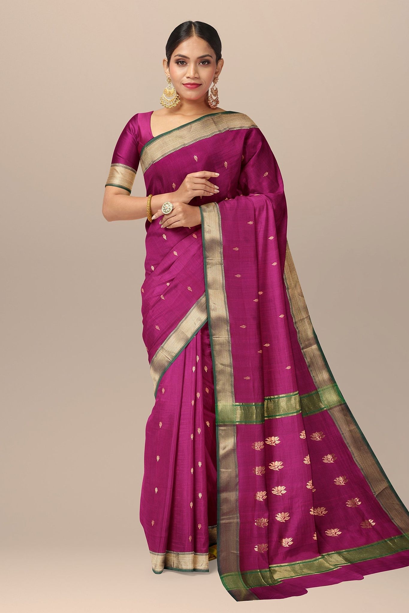 Magenta Pink Titli Buti Handwoven Sausar Silk with Zari Border and Buta Palla Saree SKU-BS10123