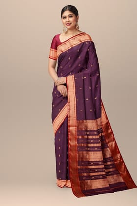 Magenta Purple Handwoven Sausar Silk Saree with Zari Border SKU- BS10048