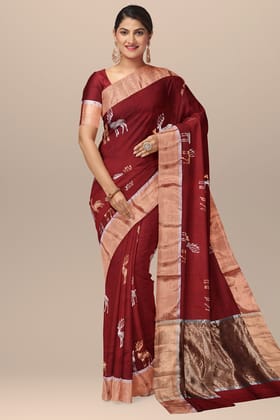 Maroon Handwoven Traditional Deer Motif Chanderi With Golden Zari Border SKU -BS10137