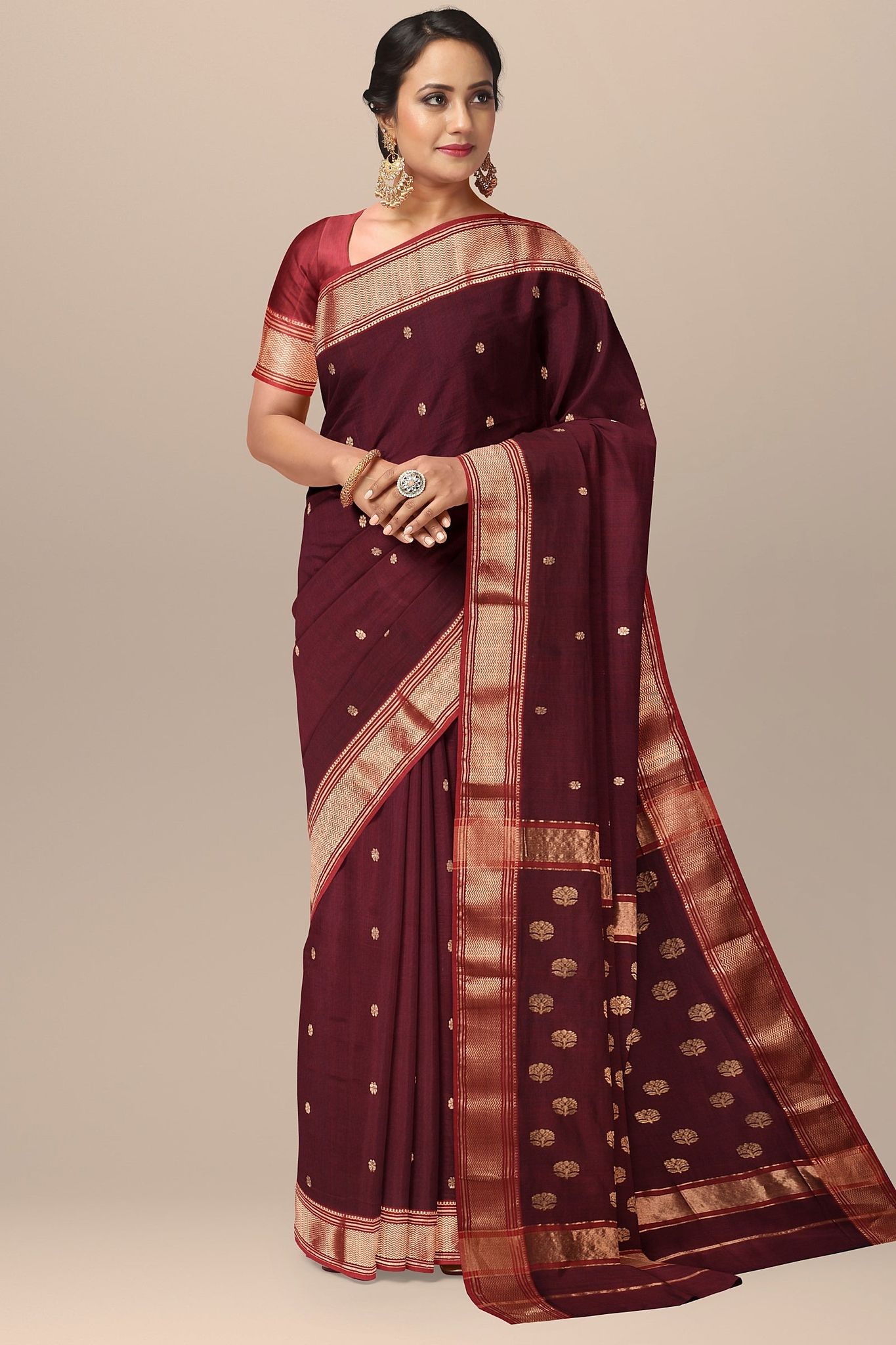 Wine Color Buti Handwoven Sausar Silk Saree with Zari Border and Buta Palla  SKU- BS10119