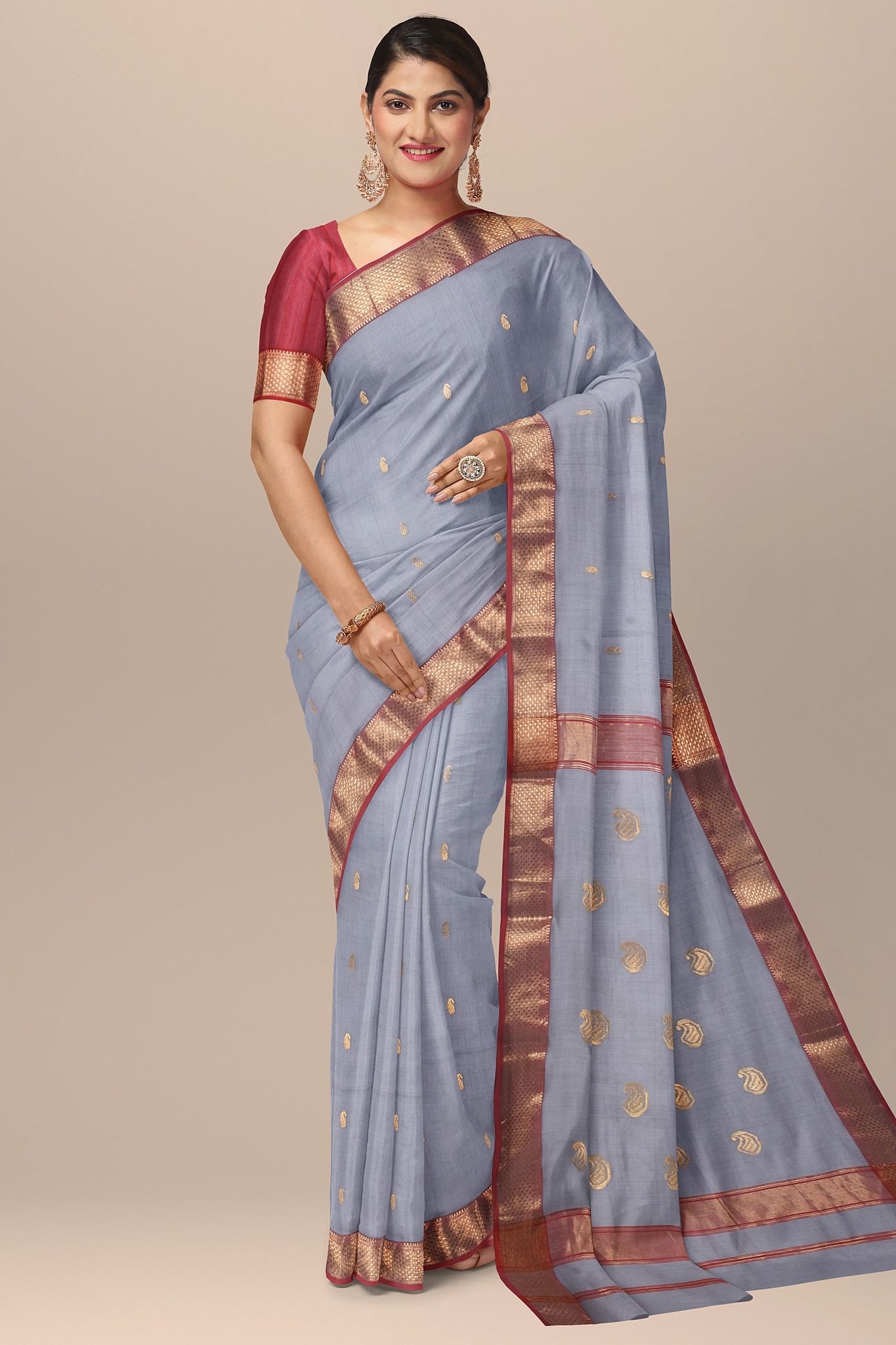 Metallic Grey Carry Buti Handwoven Sausar Silk with Zari Border and Carry Buta Print Saree SKU-BS10038