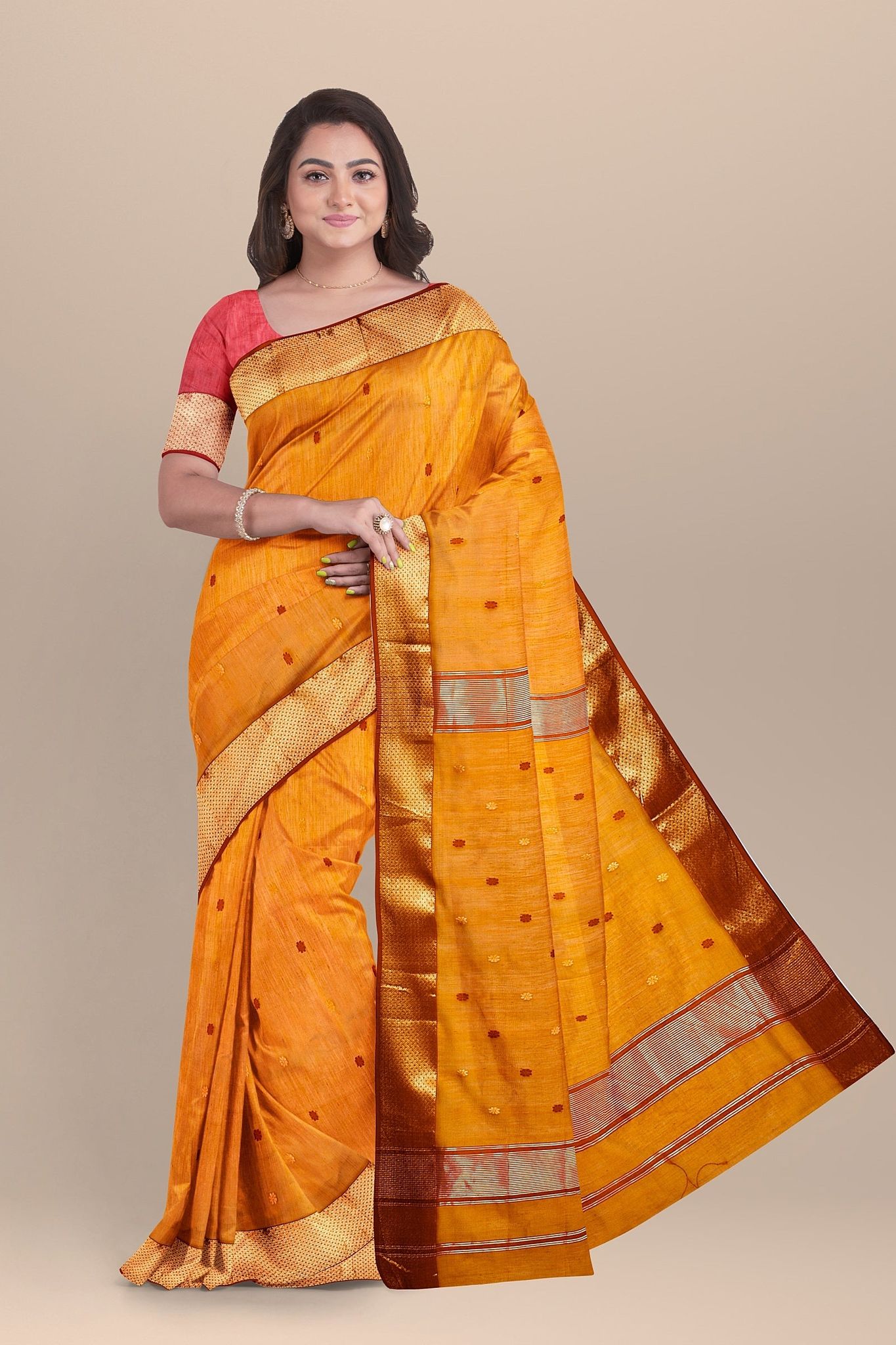 Mustard Yellow Rui Buti Handwoven Sausar Silk with Zari Border Saree SKU-BS10046