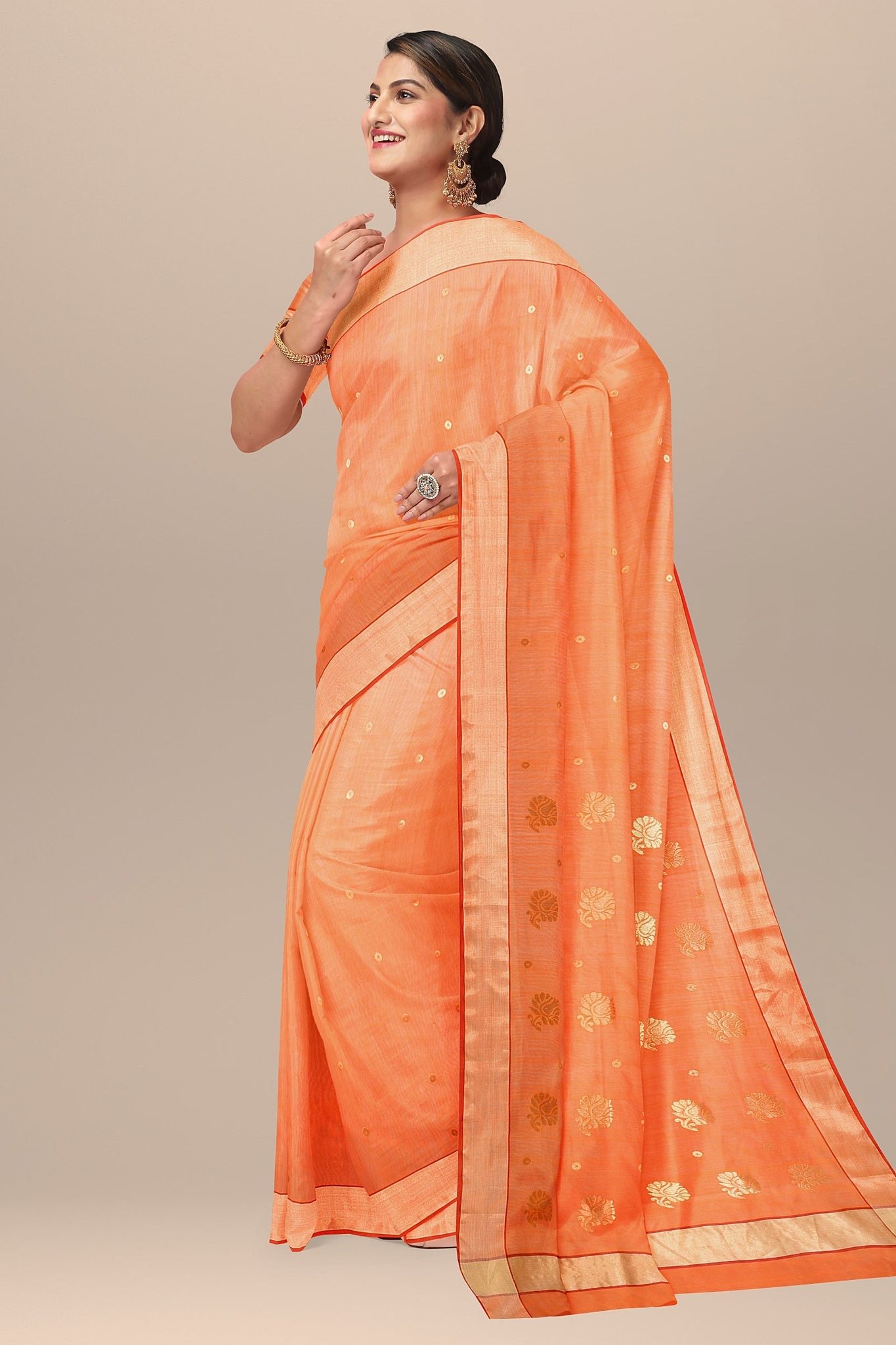 Orange Handwoven Traditional Floral Golden Buta Chanderi with Golden Zari Border SKU - BS10087