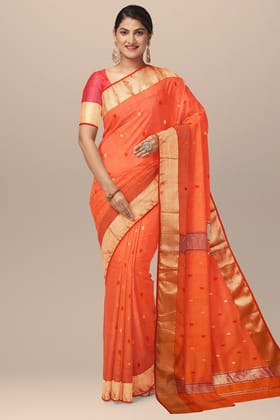 Orange Rui Buti Handwoven  Maheshwari  Silk with Zari Border Saree SKU-BS10044