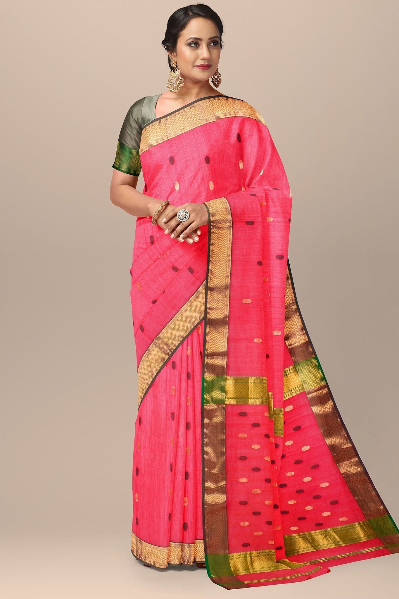Orange Red Rudraksh Buti Handwoven  Maheshwari  Silk with Zari Border Saree SKU-BS10061