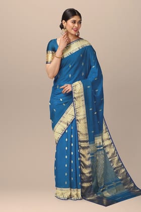 Peacock Blue Color Traditional Buti Print Handwoven  Maheshwari Silk With Golden Zari Border and Heavy Zari Palla Saree SKU- BS10091