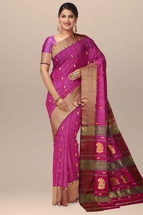 Rani Pink Handwoven Traditional Buti Maheshwari  Silk with Zari Border Saree SKU-BS10113