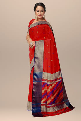 Red Buti Handwoven Mulberry Sausar Silk with Zari Border and Bel Palla Saree SKU- BS10131