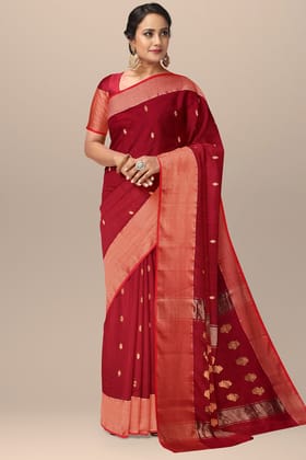 Red Buti Handwoven Sausar Silk with Zari Border and Buta Palla Saree SKU- BS10115