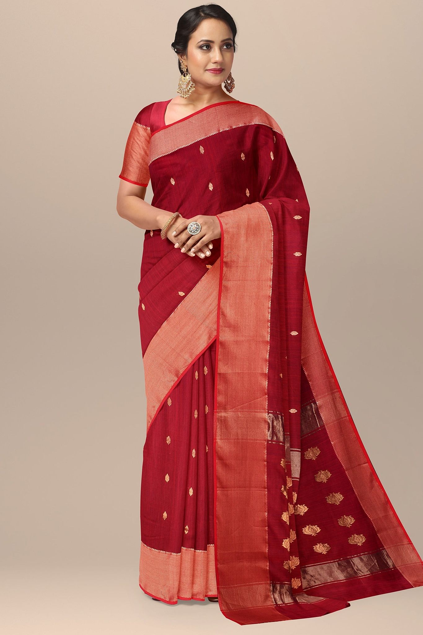 Red Buti Handwoven Sausar Silk with Zari Border and Buta Palla Saree SKU- BS10115