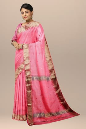 Rose Red Buti Handwoven  Maheshwari  Silk with Triangle Buti Border Saree SKU-BS10008