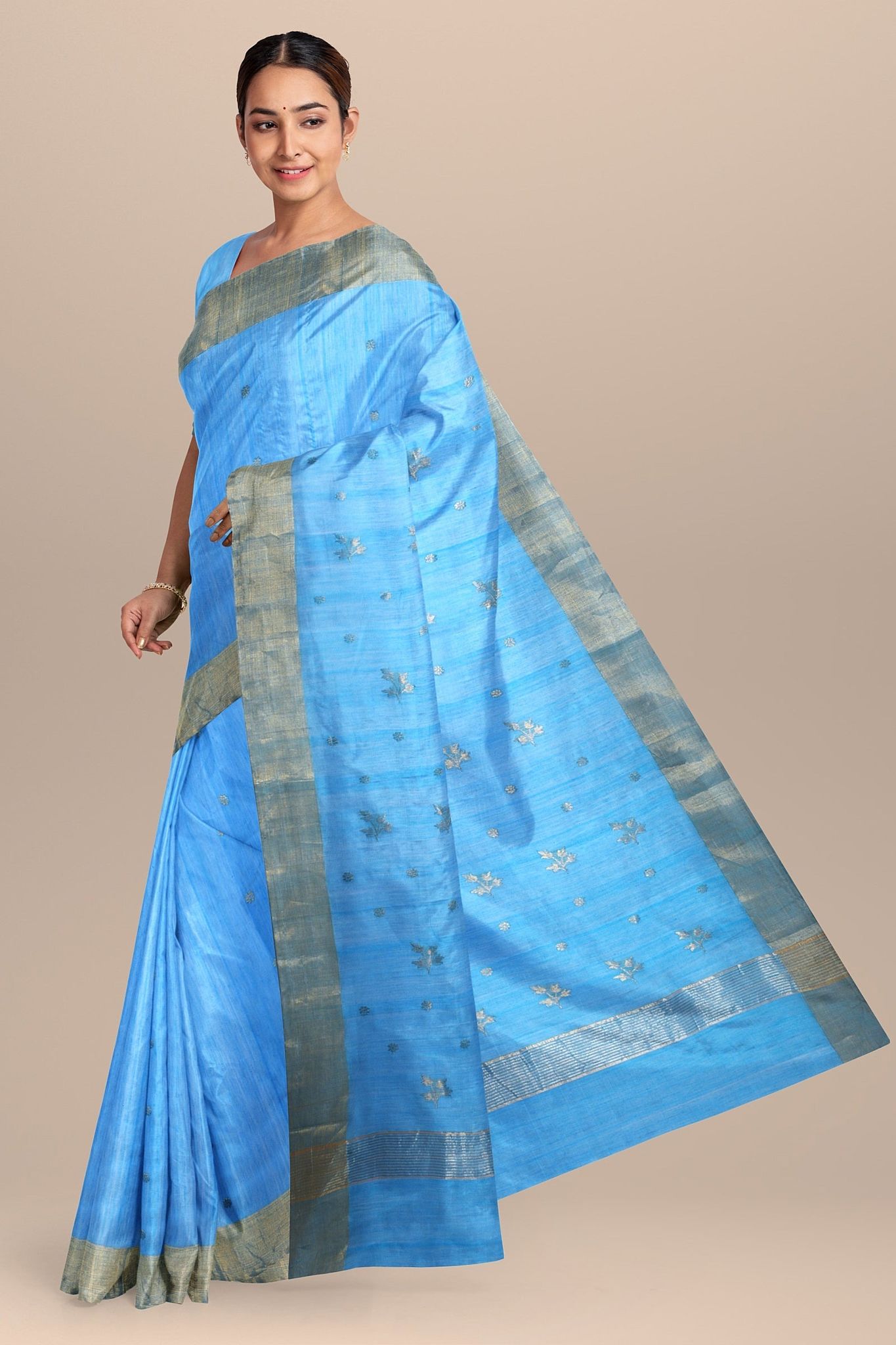 Sky Blue Handwoven Traditional Floral Golden Buta Print Chanderi With Golden Zari Border SKU - BS10084