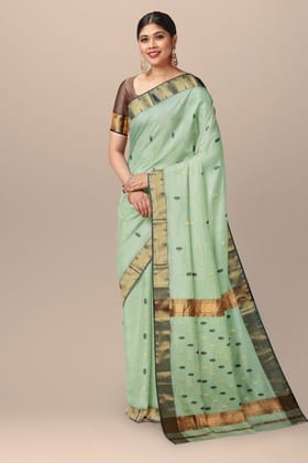 Tea Green Rudraksh Buti Handwoven Sausar Silk with Zari Border Saree SKU-BS10105