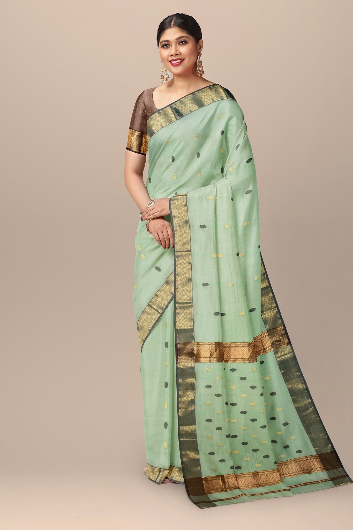 Tea Green Rudraksh Buti Handwoven Sausar Silk with Zari Border Saree SKU-BS10105