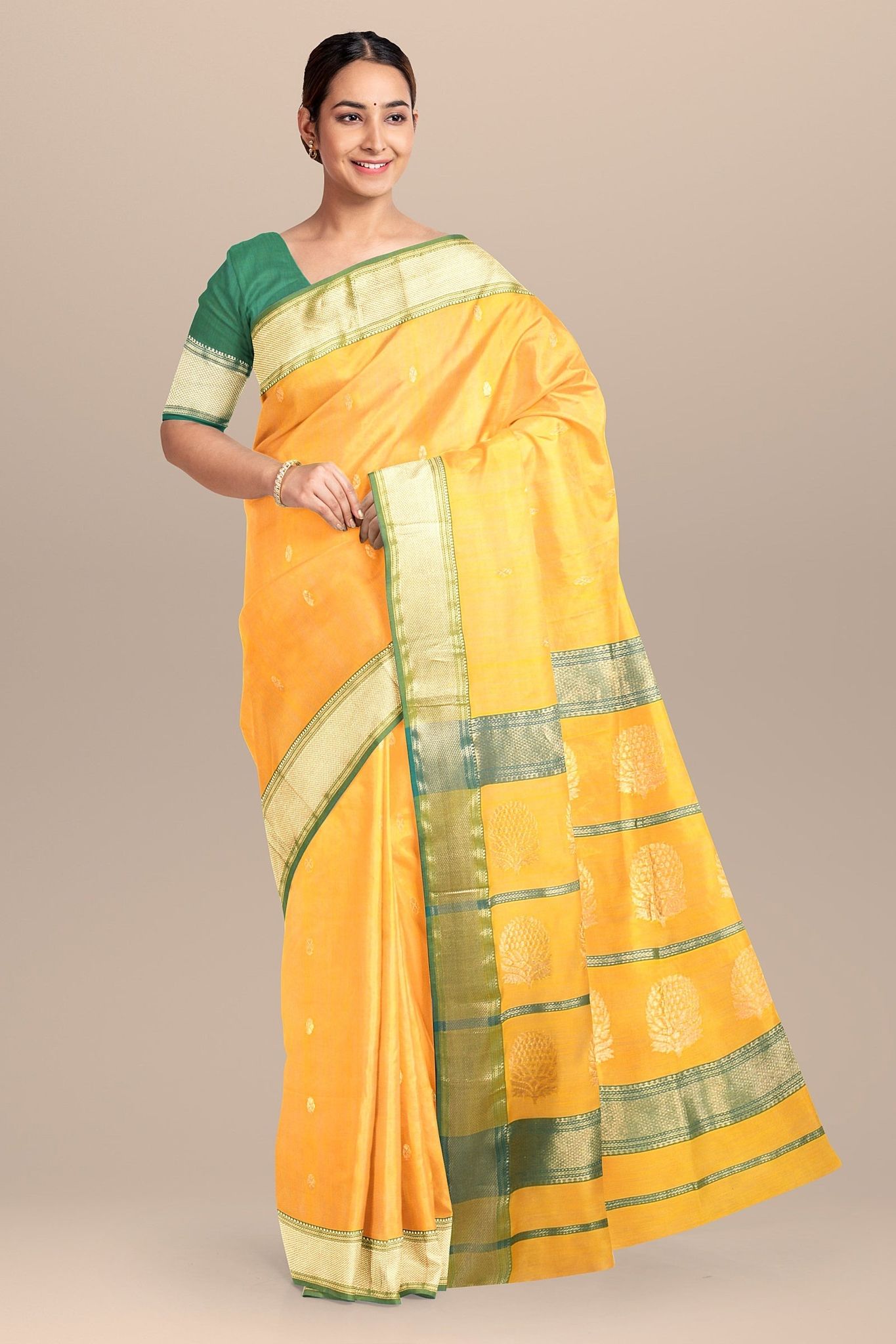 Turmeric Yellow Buti Handwoven Sausar Silk with Zari Border and Tree Buta Pallu Saree SKU - BS10062