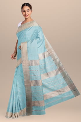 Turquoise Blue Handwoven Sausar Silk with Zari Border Saree SKU-BS10051