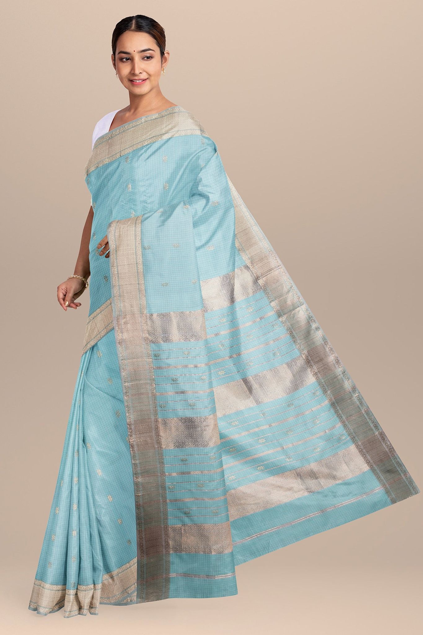 Turquoise Blue Handwoven Sausar Silk with Zari Border Saree SKU-BS10051