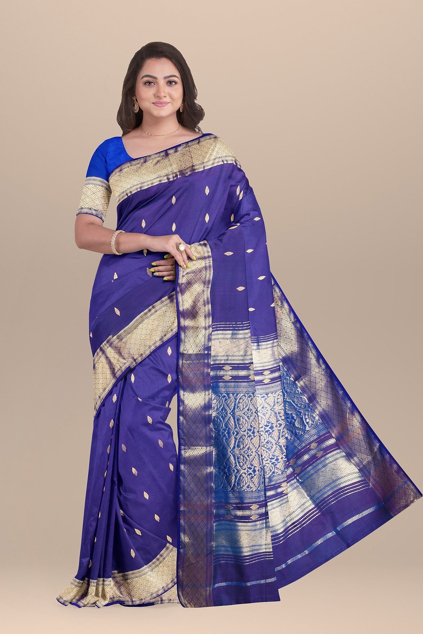 Violet Buti Handwoven  Maheshwari  Silk With Golden Zari Border and Heavy Zari Palla Saree SKU- BS10090