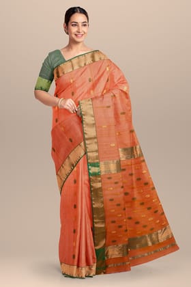 Yam Orange Rudraksh Buti Handwoven  Maheshwari Silk with Zari Border Saree SKU-BS10106