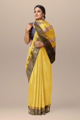 Yellow Handwoven Sausar Silk Saree With Kel Border SKU - BS10089