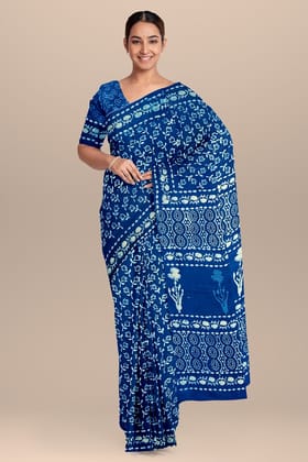 Indigo Floral Pattern Hand Block Print Daboo Malmal Cotton Saree SKU-BS10168