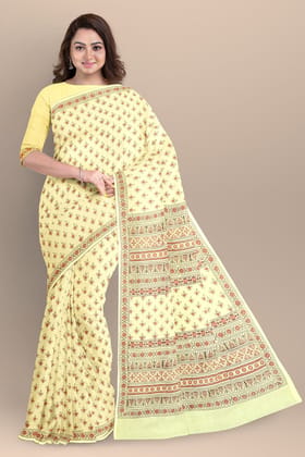 Lemon Yellow Buti Motif Chippa Hand Block Print Malmal Cotton Saree SKU-AS10074