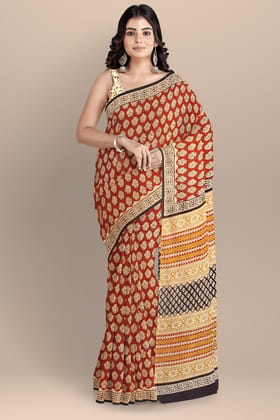 Maroon Buti Motif Chippa Hand Block Print Malmal Cotton Saree SKU-AS10076