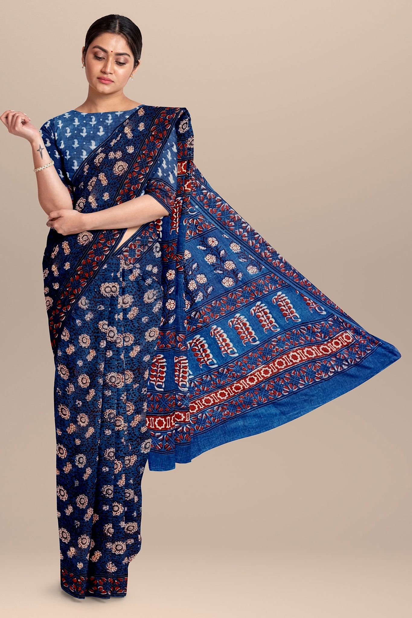 Nandana Indigo Dabu Malmal Cotton Saree With Floral Motifs SKU-BS10170