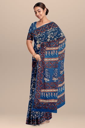 Nandana Indigo Dabu Malmal Cotton Saree With Floral Motifs SKU-BS10171