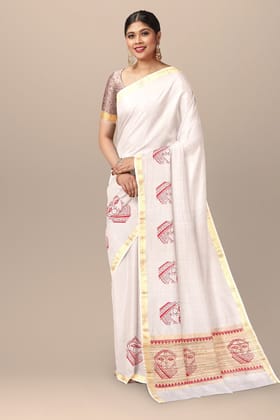 Off White Face Motif Handwoven Hand Block Printed Sausar Silk With Zari Border Saree SKU-AS10073